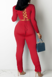 Red Sexy Solid Hollowed Out O Neck Long Sleeve Two Pieces