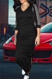 Red Fashion Casual Striped Slit V Neck Long Dress