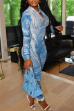 Blue Fashion Casual Print Basic Zipper Collar Skinny Jumpsuits