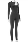 Dark Gray Fashion Sexy Solid Hollowed Out O Neck Skinny Jumpsuits