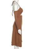 Brown Sexy Solid Bandage Hollowed Out Backless Strapless Long Sleeve Dresses