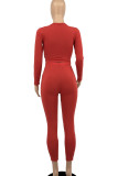 Red Casual Solid Patchwork Frenulum O Neck Long Sleeve Two Pieces