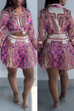 Rose Red Fashion Casual Print Basic Turndown Collar Long Sleeve Two Pieces