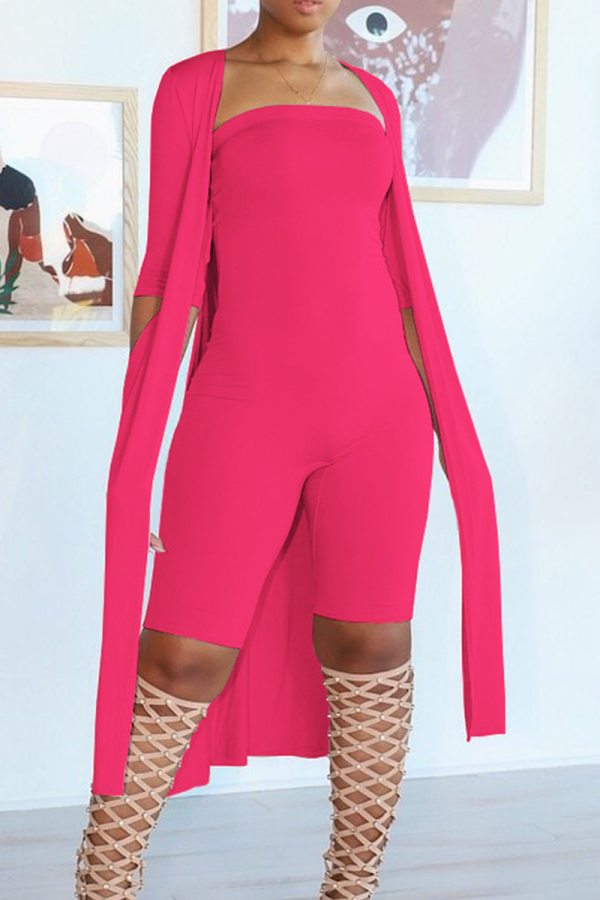 Rose Red Casual Solid Patchwork Strapless Half Sleeve Two Pieces