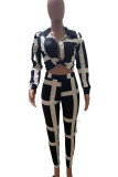 Black Casual Striped Print Split Joint Buckle Turndown Collar Long Sleeve Two Pieces