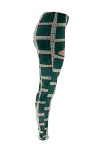 Green Casual Plaid Print Ripped Patchwork Skinny High Waist Pencil Full Print Bottoms