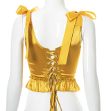Yellow Sexy Solid Bandage Patchwork Flounce Bustiers
