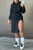 Light Blue Casual Solid Patchwork Hooded Collar Straight Dresses