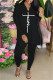 Black Fashion Casual Print Slit V Neck Long Sleeve Two Pieces