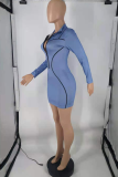 Sky Blue Sexy Solid Patchwork Zipper Collar Pencil Skirt Dresses