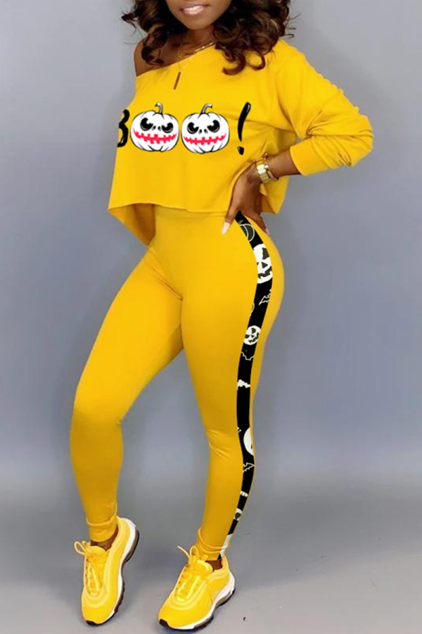 Yellow Casual Print Patchwork One Shoulder Long Sleeve Two Pieces