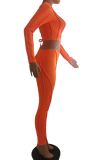 Red Sexy Solid Hollowed Out O Neck Long Sleeve Two Pieces