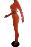 Red Sexy Solid Hollowed Out O Neck Long Sleeve Two Pieces