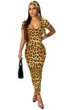 Leopard print adult Sexy Fashion Cap Sleeve Short Sleeves Square Step Skirt Ankle-Length Leopard Patchwo