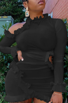 Black Sexy Solid Flounce O Neck Pencil Skirt Dresses