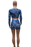 Blue Sexy Print Patchwork Frenulum Fold V Neck Long Sleeve Two Pieces
