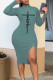 Lake Green Sexy Print Patchwork Slit Asymmetrical Pencil Skirt Dresses