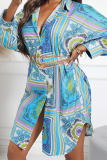 Blue Casual Print Patchwork Turndown Collar Shirt Dress Dresses