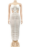 White Sexy Solid Hollowed Out Patchwork Frenulum Fold Zipper Spaghetti Strap Sling Dress Dresses