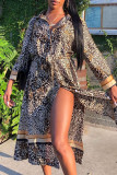 Leopard Print Casual Print Leopard Patchwork Buckle With Belt Turndown Collar Shirt Dress Dresses