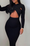 Black Fashion Sexy Solid Hollowed Out V Neck Long Sleeve Dresses