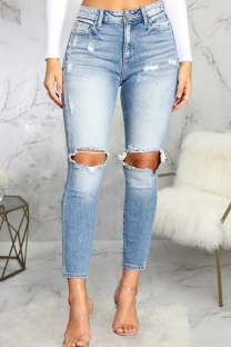 Blue Sexy Patchwork Split Joint Mid Waist Skinny Denim Jeans