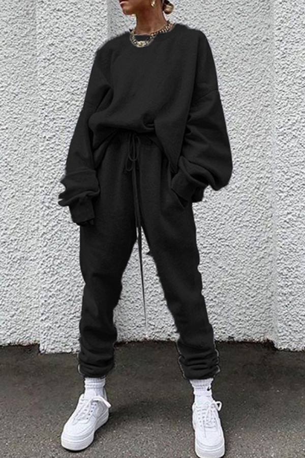 Black Casual Solid Patchwork O Neck Long Sleeve Two Pieces