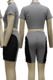 Grey Casual Solid Split Joint Half A Turtleneck Short Sleeve Two Pieces