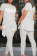 Grey Casual Letter Print Patchwork Asymmetrical O Neck Short Sleeve Two Pieces