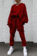 Burgundy Casual Solid Patchwork O Neck Long Sleeve Two Pieces