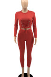 Red Casual Solid Patchwork Frenulum O Neck Long Sleeve Two Pieces