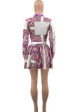 Rose Red Fashion Casual Print Basic Turndown Collar Long Sleeve Two Pieces