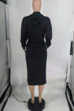 Light Blue Casual Solid Patchwork Hooded Collar Straight Dresses