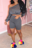 Grey Casual Solid Patchwork One Shoulder Long Sleeve Two Pieces