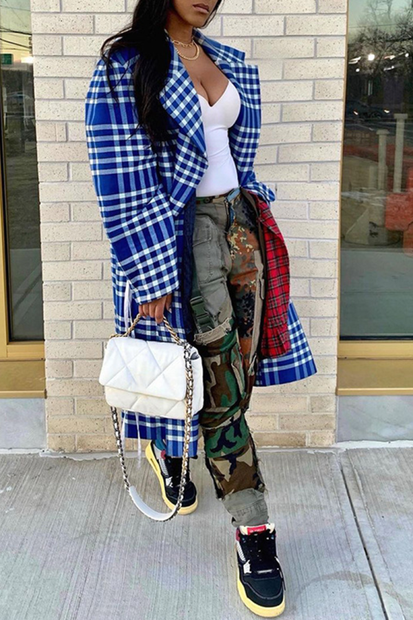 Blue Casual Plaid Patchwork Turndown Collar Outerwear