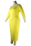 Yellow Casual Solid Split Joint Off the Shoulder Long Sleeve Plus Size Dresses