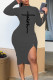 Grey Sexy Print Patchwork Slit Asymmetrical Pencil Skirt Dresses