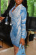 Blue Sexy Print Patchwork Zipper Collar Pencil Skirt Dresses