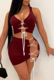 Tangerine Red Sexy Solid Hollowed Out U Neck Sleeveless Two Pieces