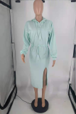Light Blue Casual Solid Patchwork Hooded Collar Straight Dresses