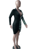 Green Sexy Camouflage Print Patchwork Draw String Fold Asymmetrical V Neck Pencil Skirt Dresses