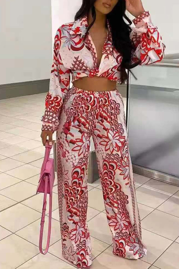 Red Fashion Casual Print Basic Turndown Collar Long Sleeve Two Pieces