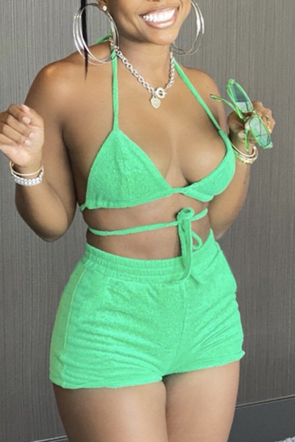 Green Sexy Solid Bandage Patchwork Swimwears