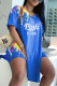 Blue Fashion Casual Letter Print Slit V Neck Short Sleeve Two Pieces
