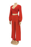 Red Fashion Casual Solid Bandage V Neck Long Sleeve Two Pieces