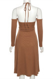 Brown Sexy Solid Bandage Hollowed Out Backless Strapless Long Sleeve Dresses