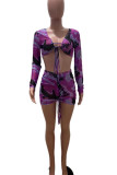 Blue Sexy Print Patchwork Frenulum Fold V Neck Long Sleeve Two Pieces