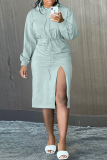 Light Blue Casual Solid Patchwork Hooded Collar Straight Dresses