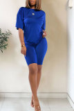 Royal blue Fashion Casual Patchwork Print Solid Two Piece Suits Straight Short Sleeve Two Pieces