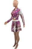 Rose Red Fashion Casual Print Basic Turndown Collar Long Sleeve Two Pieces